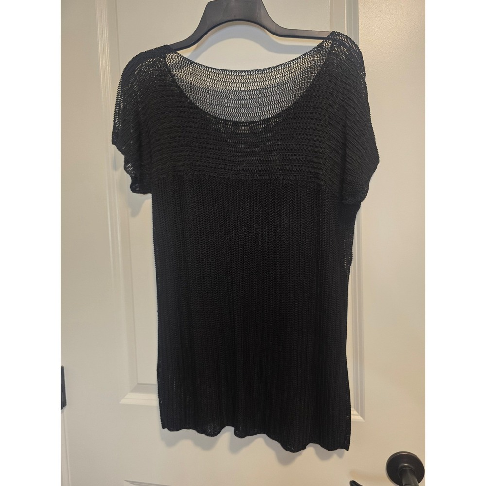 Black Crochet Open Knit Tunic Top Short Sleeve Lined Scoop Neck Boho Beachy